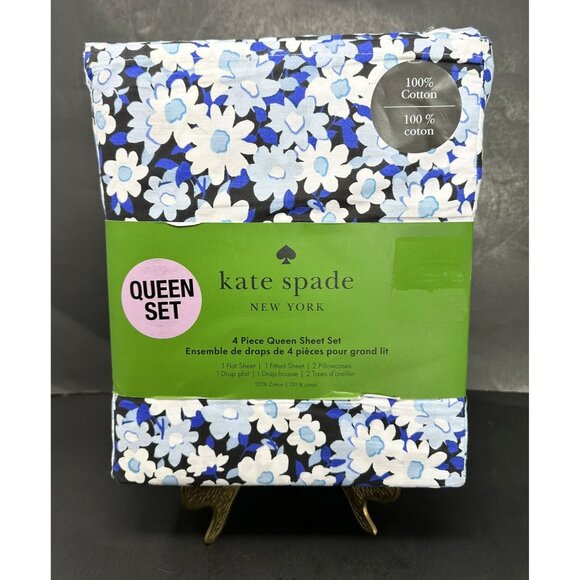 kate spade new york Other - KATE SPADE VINTAGE GARDEN Indigo Blue Floral Print Cotton QUEEN Sheet Set NEW
